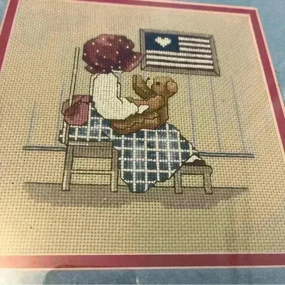 Framed Patriotic Teddy Bear Cross Stitch Embroidered Handmade - Picture 2 of 5